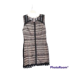 Francesca Women's Geometric Crochet Layered Black & Beige Mini Dress Size Medium